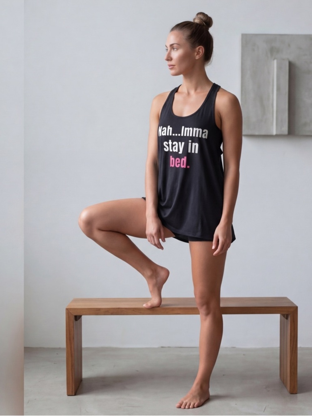 Emme Jordan 2X Tank Top Nah Imma Stay In Bed Black Graphic Racerback Minimalist